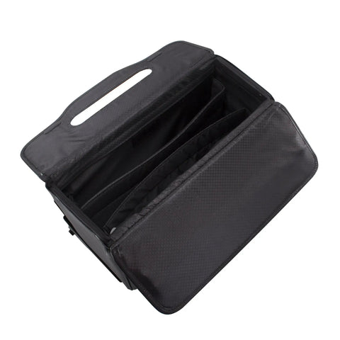 Open view of Patented Detachable Wheeled 17 Inch Leather Catalog Briefcase Workhorse with file divider and organizer pockets