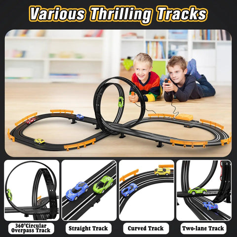 Epic Slot Car Race Track Set For Kids And Teens with circular overpass, two boys racing slot cars on a track, living room setting.