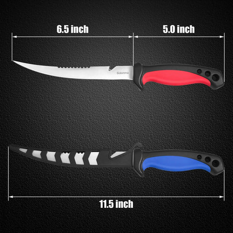 Pro Two Piece Fillet Knife Set For Fishing with 6.5 inch German stainless steel blades, non-slip grips, serrated bait knife.