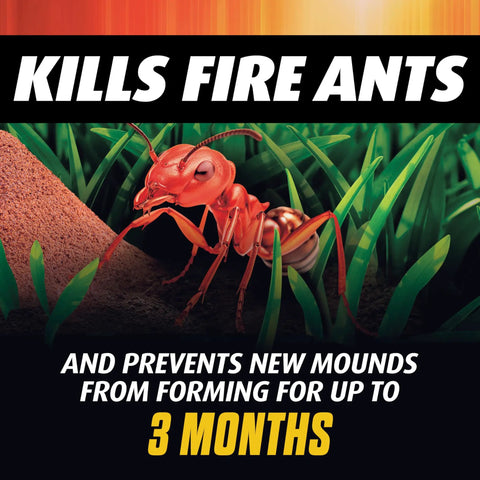 Close-up of ant with text 'Kills Fire Ants and Prevents New Mounds for Up to 3 Months' for Ready To Spray Hose End Lawn And Landscape Fire Ant Killer