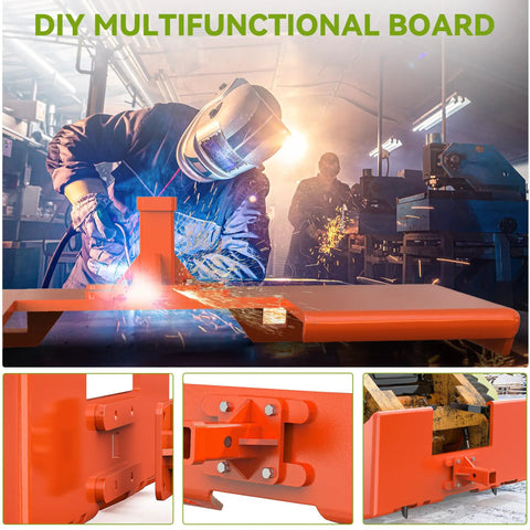 Welding worker assembling Beefy Point Four Inch Thick Heavy Duty Skid Steer Attachment Plate with 2 Inch Trailer Hitch Receiver