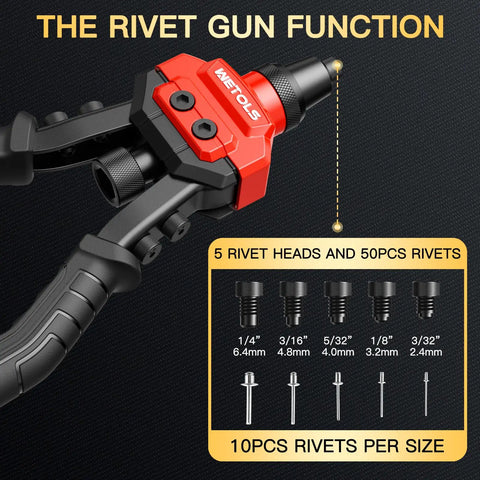 Wetols 3 In 1 Rivet Nut Gun Tool Kit With Reamer And Mandrels Fastening Hardware for Auto Body Repair shows the rivet gun with various heads.