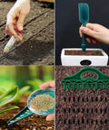 Collage showing 7 Piece Mini Handheld Seed Spreader Kit With Adjustable Speeds 12 Hole Dibber And Pro Grade All In One Seed Dispenser Planter