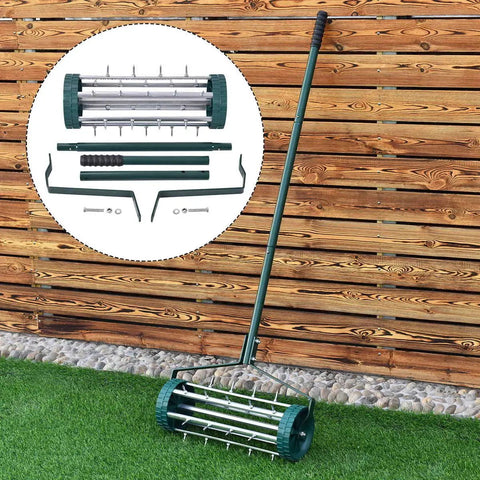 Rolling Lawn Aerator 18 Inch With Heavy Duty Spiked Tines For Deep Soil Aeration Manual Push Rotary Tool With 41 Inch Handle