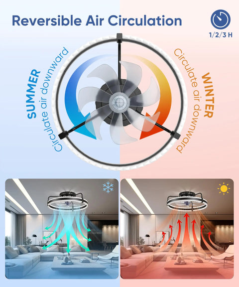 Sleek 20 Inch Low Profile Ceiling Fan With Dimmable Led Lights, Smart App And Remote, Adjustable Color Temp, Super Smooth Airflow, Total Vibe Upgrade For Cozy Bedrooms And Small Rooms, showing reversible air circulation for summer and winter.