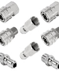 8-piece stainless steel pressure washer fittings set with 3/8 in quick-connect adapters, male and female NPT.