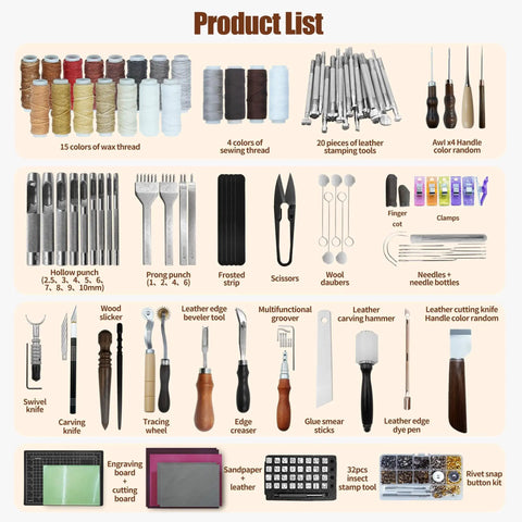All In One Leather Working Tool Set 588Pcs Pro Gear For Beginners with various tools including stamps, needles, and threads.
