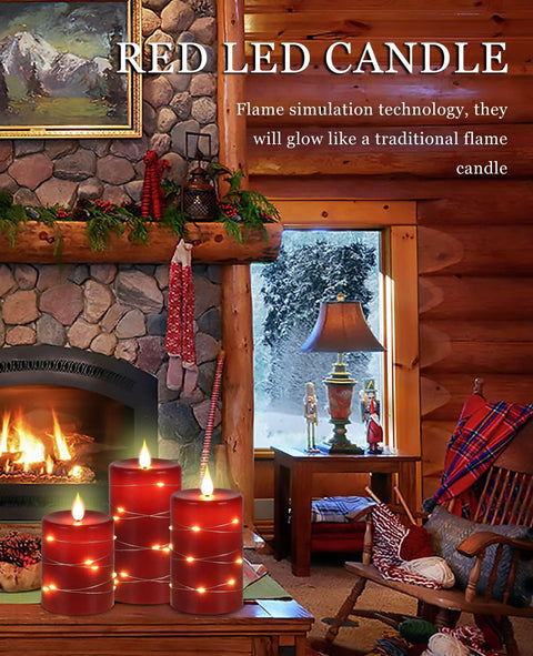 Red Flameless LED Pillar Candles With String Lights Set Of 3 Battery Operated Candles In 4 Inch 5 Inch And 6 Inch Size