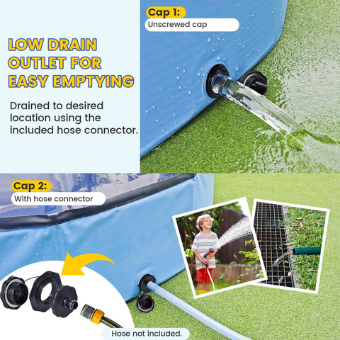 Foldable 57 Inch Pool For Dogs And Kiddos Non Slip Portable Plastic Tub Wading Pool with drainage outlet and hose connector.