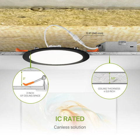 4 Pack 8 Inch LED Recessed Ceiling Lights, 20W, Five Color Temperatures 2700K to 5000K, CRI90, IC Rated, Easy Install, Ultra Thin Dimmable Canless Wafer Downlight, Round Slim Panel Lighting, UL Listed, Black