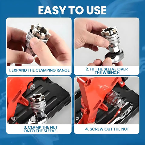 Steps showing how to use an Adjustable Universal Socket Wrench For Ten To Nineteen Millimeter Nuts And Bolts Fits Three Eighths Inch Drive Ratchets And Power Drills Go To Handy Socket Tool For Home And Garage