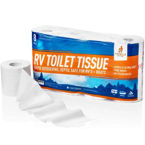 Fast Dissolving Two Ply RV Toilet Paper That Is Septic Tank Safe Made In USA Eight Roll Pack With Five Hundred Sheets Each