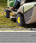 Exact Replacement Front Tire And Wheel Set 15x6-6 Tubeless For John Deere Riding Mowers shown installed on lawn mower.