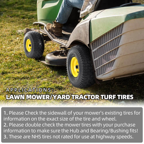 Exact Replacement Front Tire And Wheel Set 15x6-6 Tubeless For John Deere Riding Mowers shown installed on lawn mower.