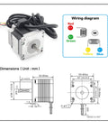 NEMA23 stepper motor with wiring diagram and detailed dimensions in mm, compatible with 400mm 15.75 Inch Linear Motion Guide Actuator.
