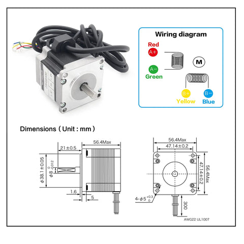 NEMA23 stepper motor with wiring diagram and detailed dimensions in mm, compatible with 400mm 15.75 Inch Linear Motion Guide Actuator.