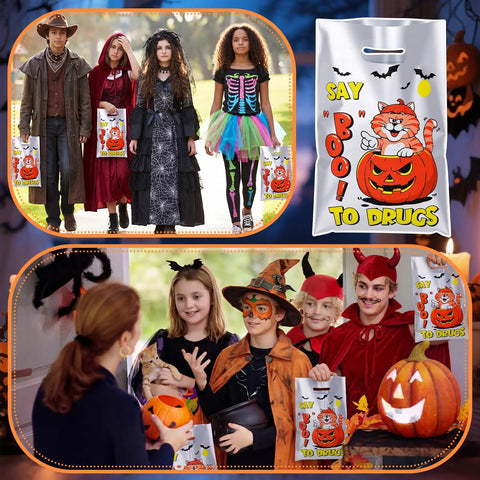 Children in costumes holding Say Boo To Drugs Halloween Reflective Gift Bags 150 Pack For Trick Or Treat Parties Party Favors