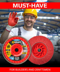 80 Grit Ceramic Flap Disc For 4 1/2 Inch Angle Grinder 5/8 Inch Arbor Pro Grade For Stainless Steel and Sheet Metal displayed by worker