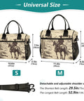 Desert Cowboy Insulated Lunch Bag Cooler Tote With Removable Shoulder Strap and Side Pockets, sizes S and M shown with dimensions.
