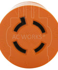 Rock Solid Generator Adapter Featuring Straight Up Reliable Nema 5-15P To L14 20R Four Prong Locking Connector view of orange top with labeling.