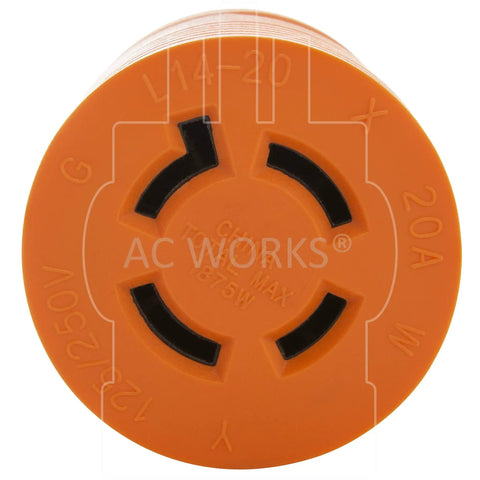 Rock Solid Generator Adapter Featuring Straight Up Reliable Nema 5-15P To L14 20R Four Prong Locking Connector view of orange top with labeling.