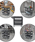 Collage of Beefed Up Heavy Duty Utility Cart On Wheels, 40 By 17 Inches, 550 Lb Capacity, Three Tier Rolling Cart in use
