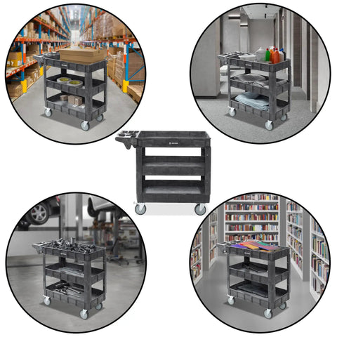 Collage of Beefed Up Heavy Duty Utility Cart On Wheels, 40 By 17 Inches, 550 Lb Capacity, Three Tier Rolling Cart in use