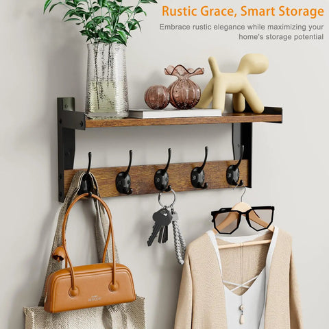 Top Tier Wall Mounted Wood Coat Rack With Five Heavy Duty Metal Hooks And Rustic Brown Shelf For Bedroom Bathroom Entryway No Sweat Setup Ultimate Daily Storage Solution Super Durable featuring decor and hooks.