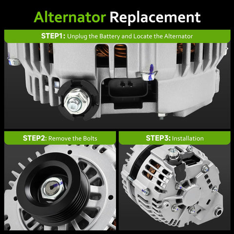 Diagram of Alternator Replacement For Murano 03 07 3.5L And Maxima 02 03 3.5L showing installation steps and features