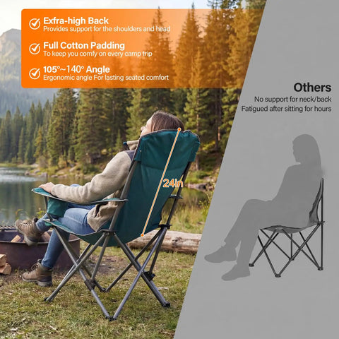 Woman using Two Pack Oversized Camping Chair Set With 3 Level Adjustable Back Ergonomic Lounge Comfort Cup Holders And Cooler Bag in nature