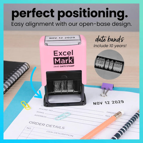 Heavy Duty Date Stamp For Shipping And Expiration Tracking Built Like A Rock With Black Ink And Customizable Mount Colors A Total Office Game Changer That Goes Hard Daily on a document with open base design.