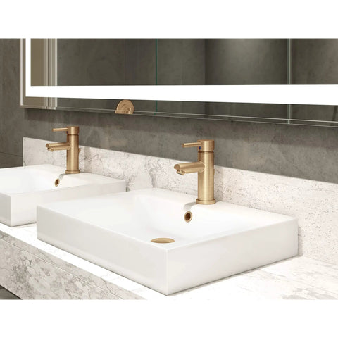Low-Flow Brushed Bronze Single Hole Bathroom Faucet With Drain Assembly installation on white marble countertop