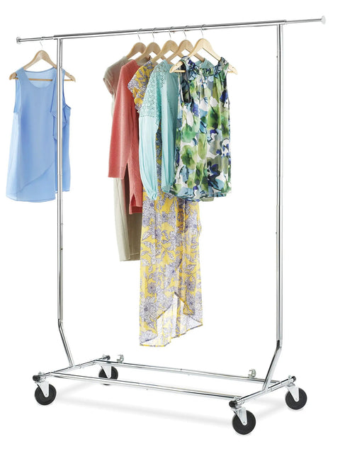 Hella Sturdy And Kickass Heavy Duty Chromed Steel Clothing Rack With Smooth Rolling Wheels Adjustable Width And Super Quick Fold Design For Hassle Free Closet Storage