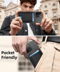Man holding iPhone with attached MagSafe Wallet For iPhone 17 Through 12 Series With 7 Card Slots RFID Blocking Vegan Leather