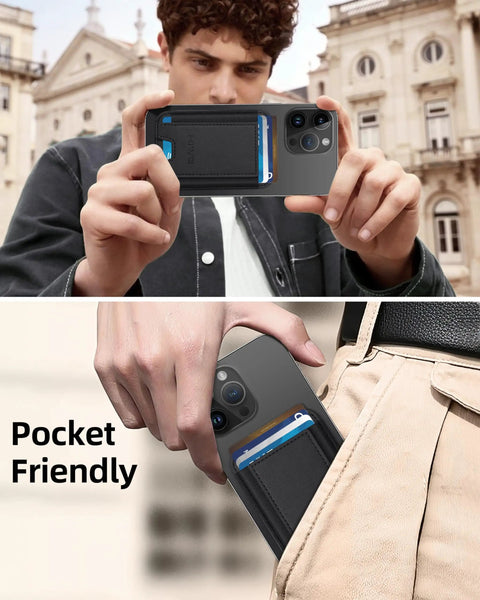 Man holding iPhone with attached MagSafe Wallet For iPhone 17 Through 12 Series With 7 Card Slots RFID Blocking Vegan Leather