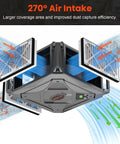 270 Degree Intake Air Filtration System For Woodworking Shops And Garages Ceiling Mounted Dust Collector With Remote Control 780 CFM 2 Speed Hanging Design Pro Grade Heavy Duty Debris Capture showing intake filters and airflow