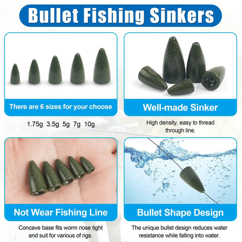 Bullet Shape Fishing Sinkers Lead Bullet Sinker Worm Weights 55 Piece Box Kit for Bass Fishing Texas Rig Carolina Rig