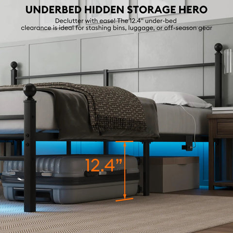 King Size Metal Platform Bed Frame With Led Headboard And Built In Charging Station Sets Off Cool Vibes With Music Sync Lights showing underbed storage space