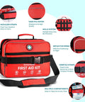 SuccorWare large red first aid kit bag with black adjustable shoulder strap and buckle.