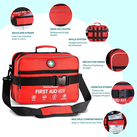 SuccorWare large red first aid kit bag with black adjustable shoulder strap and buckle.