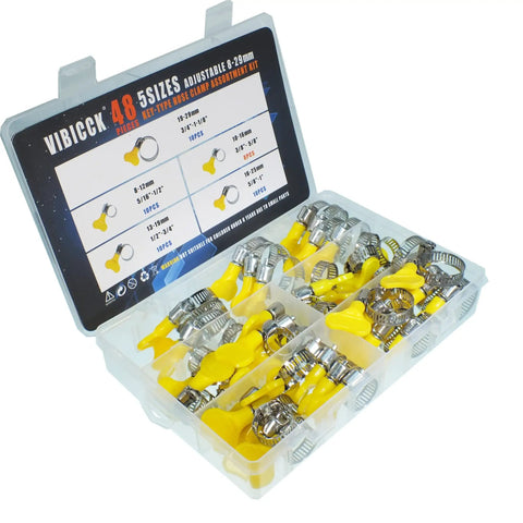 Stainless Steel Hose Clamp Assortment Kit, 48 Pieces, Adjustable 8-29mm Worm Gear Clamps in clear case with yellow handles