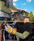 Core Arm Protection Sleeves S081 10 Pairs With Thumbhole in use for wood cutting and welding, showing ANSI A5 cut and flame resistance.