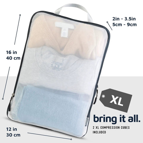 Large Compression Packing Cube Set With See Through Mesh For Travel Organizers showing XL cube with packed clothes.