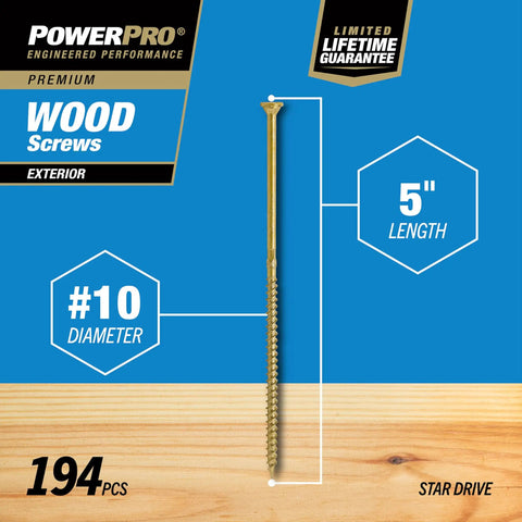 Exterior Wood Screws For Decks And Outdoor Projects, Number 10 By 5 Inch All Purpose Bronze Deck Screws With Self Starting Tip For Faster Drive, Torx T25 Bit Included, 194 Piece Set with dimensions highlighted