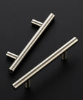 Two brushed nickel cabinet pulls, 6 inch length, stainless steel, for kitchen cabinets, 3.5 inch hole spacing, satin finish, durable design.