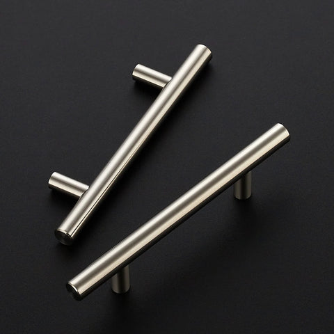 Two brushed nickel cabinet pulls, 6 inch length, stainless steel, for kitchen cabinets, 3.5 inch hole spacing, satin finish, durable design.