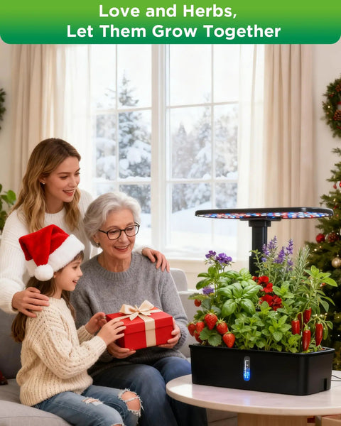 Family with Indoor Hydroponics Growing System With 12 Pod Kit Grow Light celebrating holiday in cozy living room