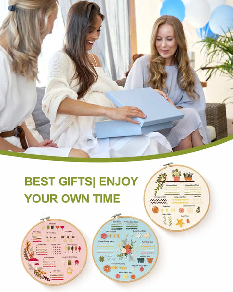 Women gifting Beginner Embroidery Kit Set for Adults and Teens, featuring hoops, cloths, and threads with instructions.