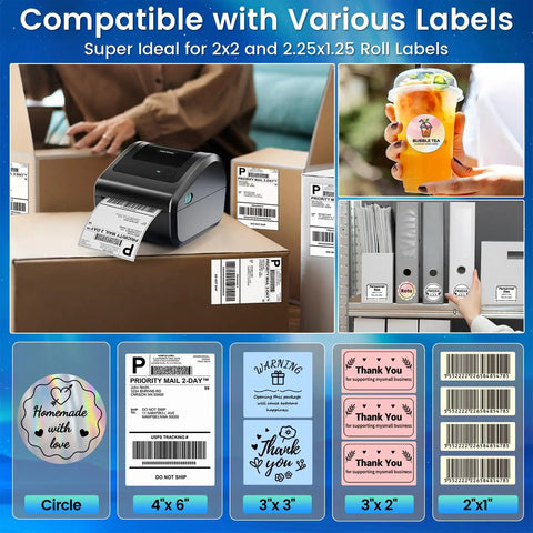 Compact Bluetooth 4x6 Thermal Shipping Label Printer D450BT printing labels beside organized packaging boxes.