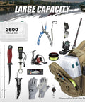 Water Resistant Fishing Backpack With Rod Holder And Padded Straps Lightweight Sling Bag showing large capacity and gear